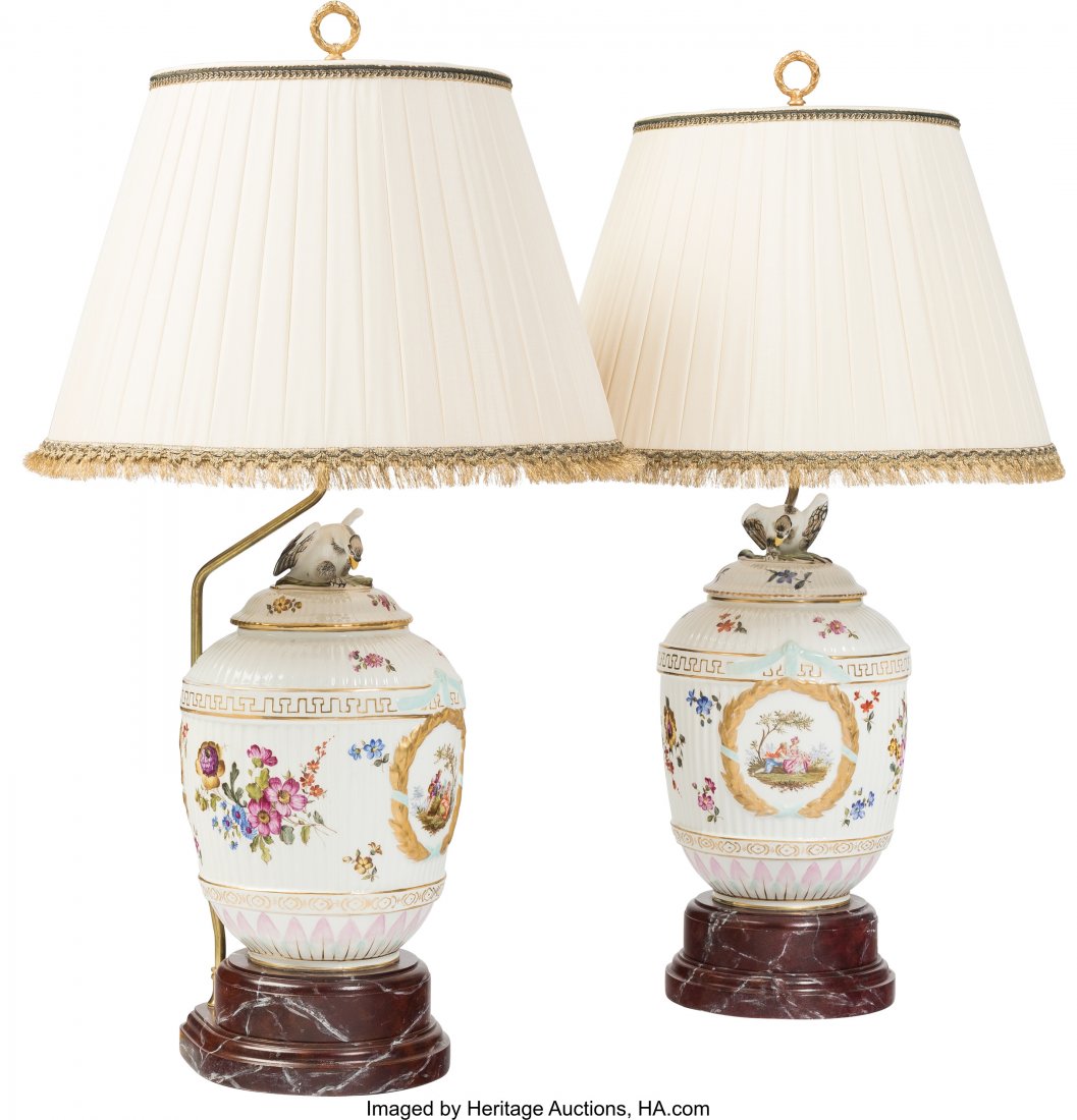 A Pair of Allegorical Ceramic Lamps, late 20th c: A Pair of Allegorical Ceramic Lamps, late 20th century 34-1/4 inches high (87.0 cm)