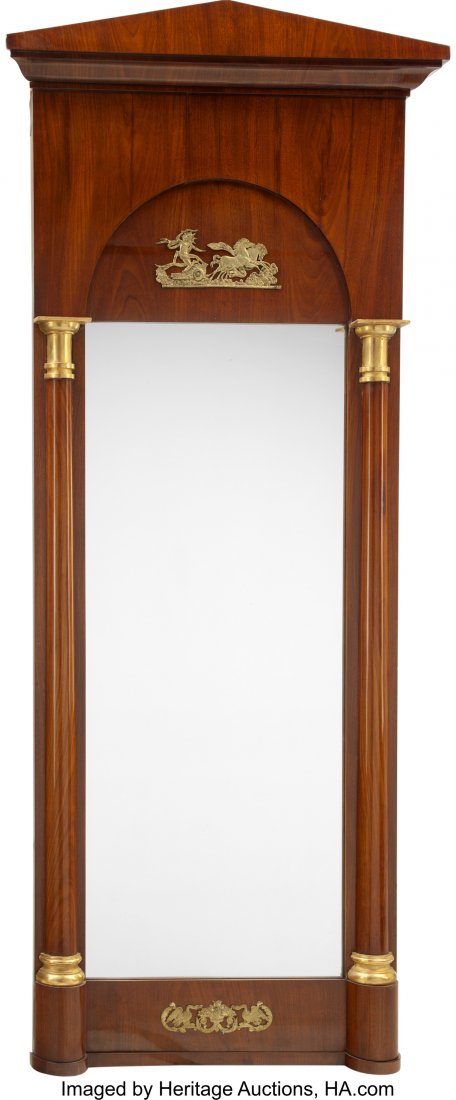 A Large German Neoclassical Empire Mahogany, Gil: A Large German Neoclassical Empire Mahogany, Giltwood, and Gilt Bronze Pier Mirror, Hessen-Kas