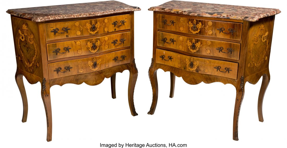 A Pair of Louis XV-Style Marquetry Commodes with: A Pair of Louis XV-Style Marquetry Commodes with Breche d'Alep Marble Tops, 19th century 31