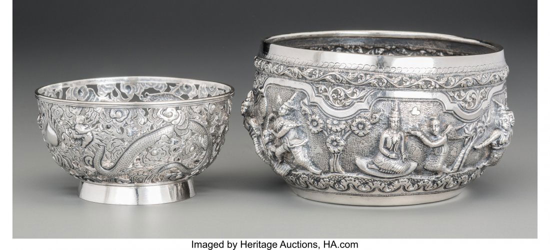 A Luen Wo Chinese Export Silver Bowl with Burmes: A Luen Wo Chinese Export Silver Bowl with Burmese Silver Bowl, circa 1900Marks to smaller: