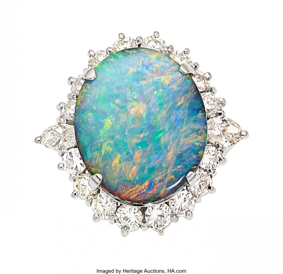 Opal, Diamond, Platinum Ring  The ring features (1 of 3)