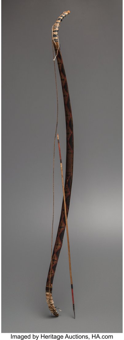A Mohave Painted Bow and Arrow c. 1880 wood, p: A Mohave Painted Bow and Arrowc. 1880 wood, paint, wool, cotton, fiber, sinew, met