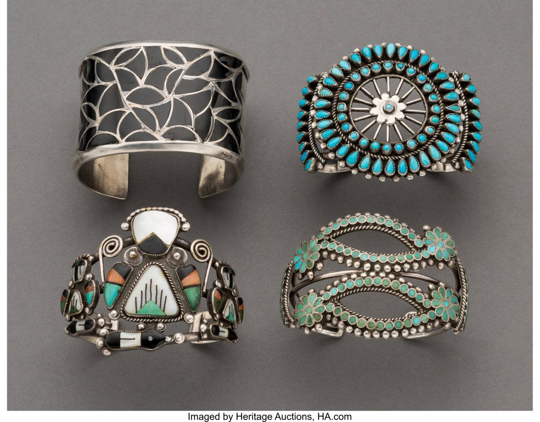 Four Zuni Bracelets c. 1965   silver, jet, turqu (1 of 3)