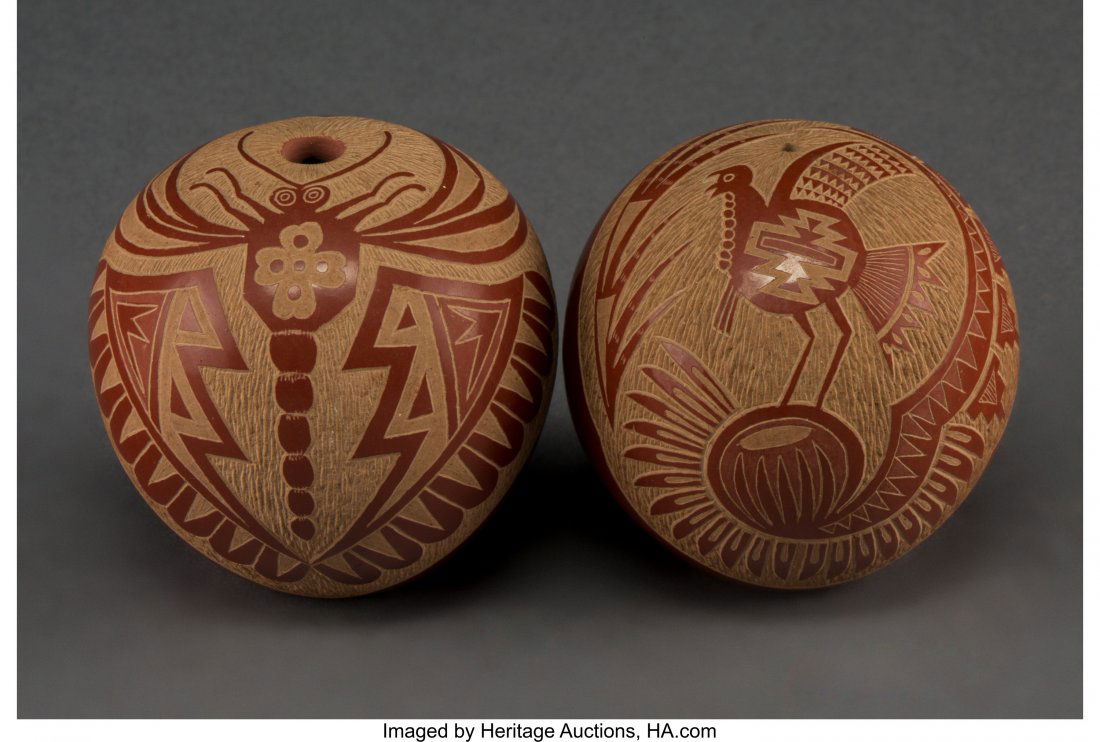 Two Santa Clara Etched Redware Seed Jars Joseph (1 of 2)
