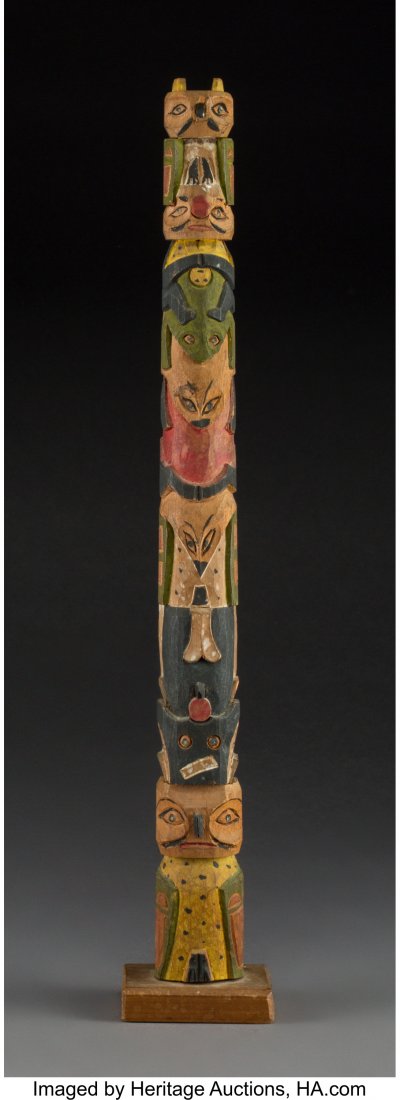 A Tlingit Polychrome Model Totem Pole  with old (1 of 2)