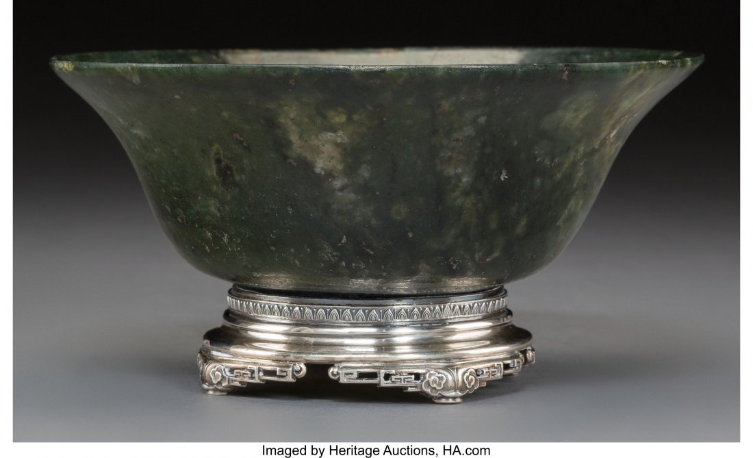A Chinese Carved Spinach Jade Bowl on Silver Yam (1 of 3)