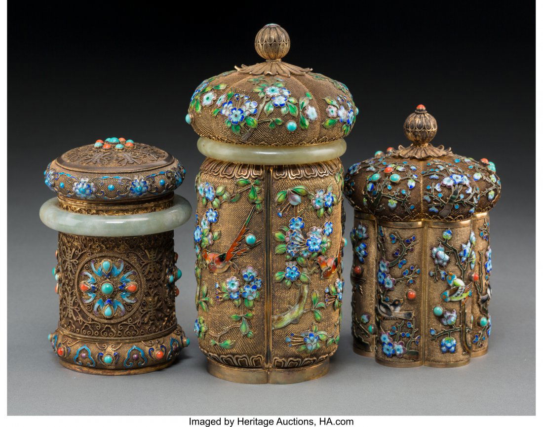 Three Chinese Gilt Silver, Enamel, Jade, and Cab (1 of 3)