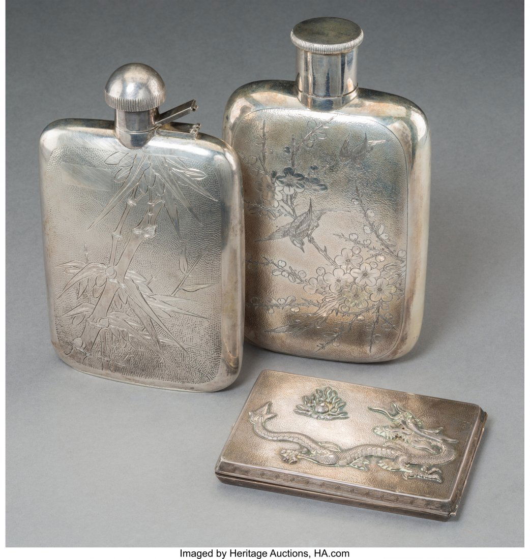 Two Chinese Export Silver Flasks and Cigarette C: Two Chinese Export Silver Flasks and Cigarette Case, early 20th centuryMarks to larger fla