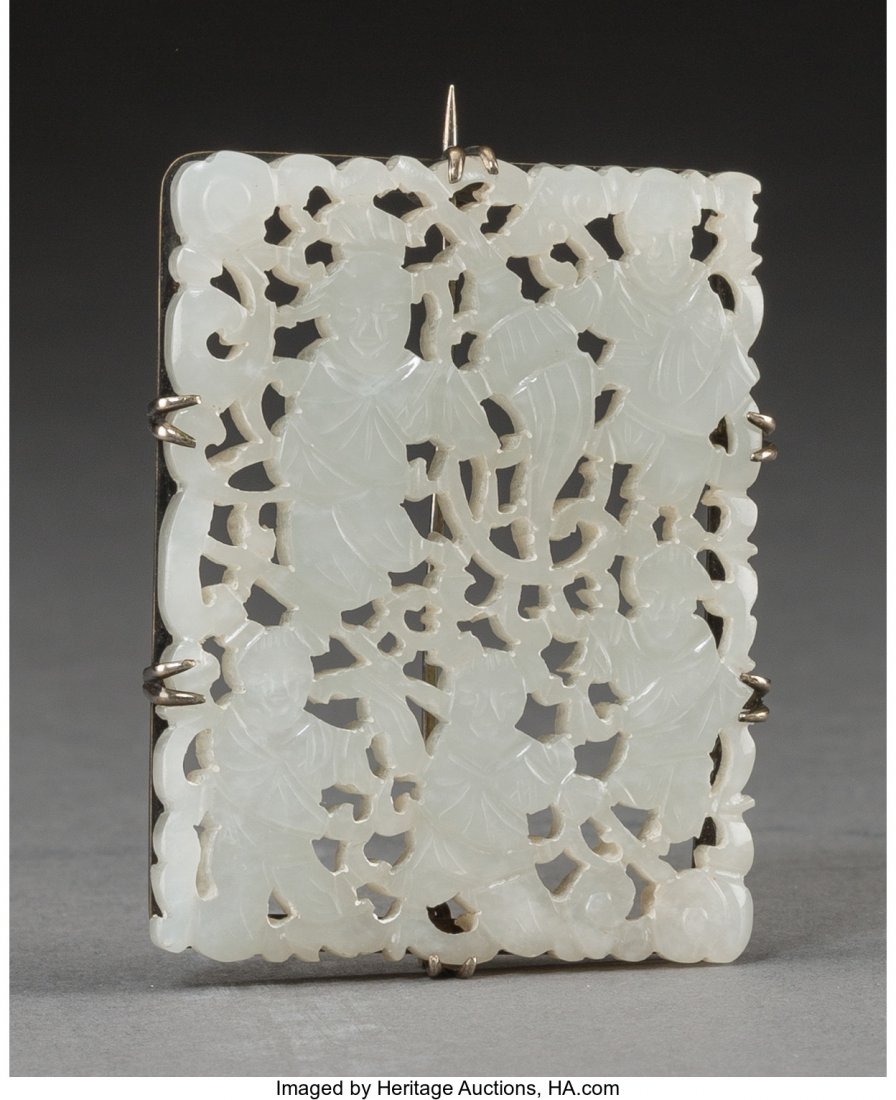 A Chinese Reticulated White Jade Plaque Mounted (1 of 3)