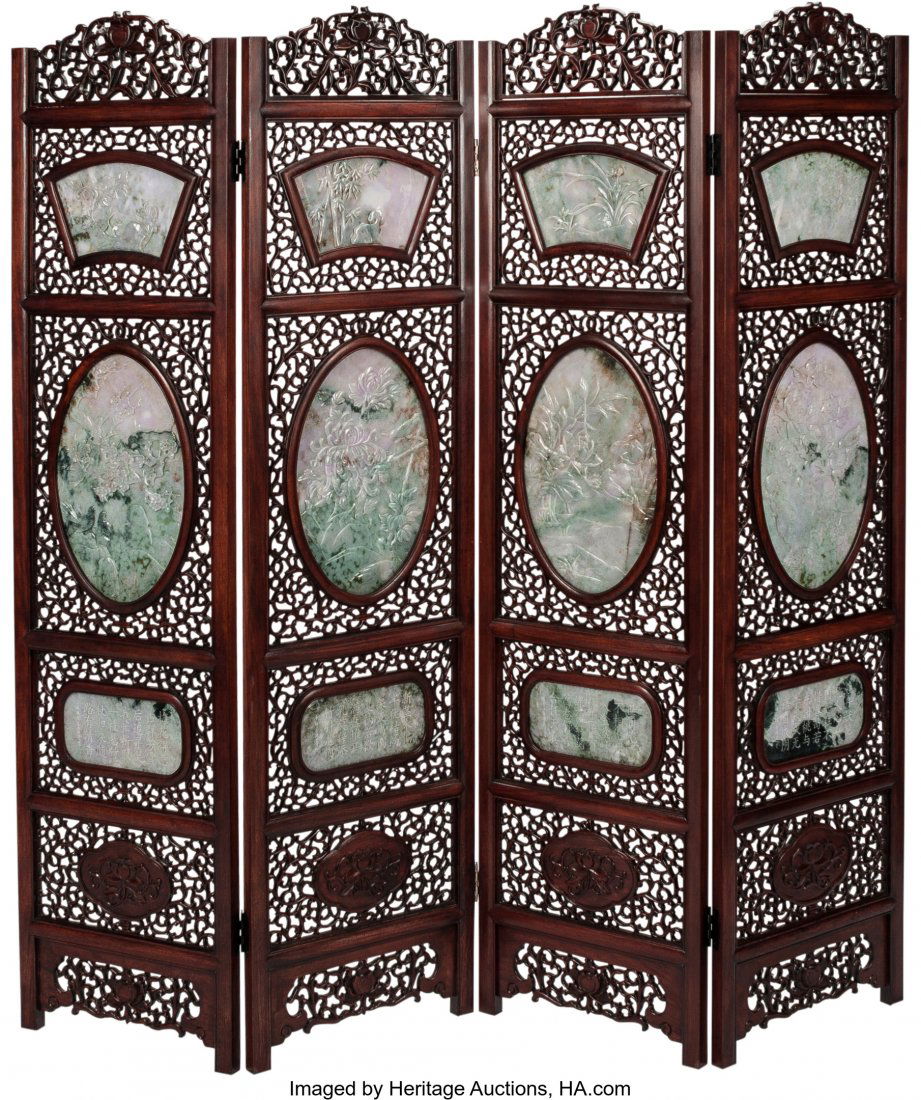 A Chinese Carved Hardwood and Jade Four-Panel Ro (1 of 3)
