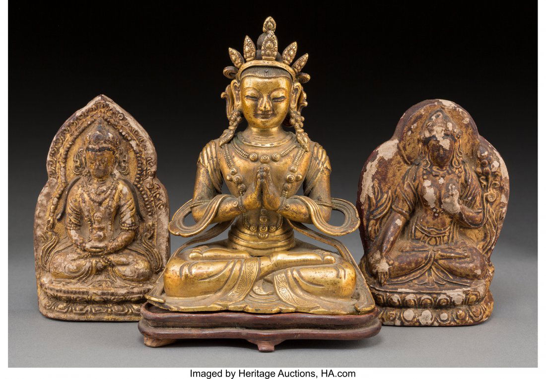 A Tibetan Gilt Bronze Seated Bodhisattva with Tw (1 of 3)