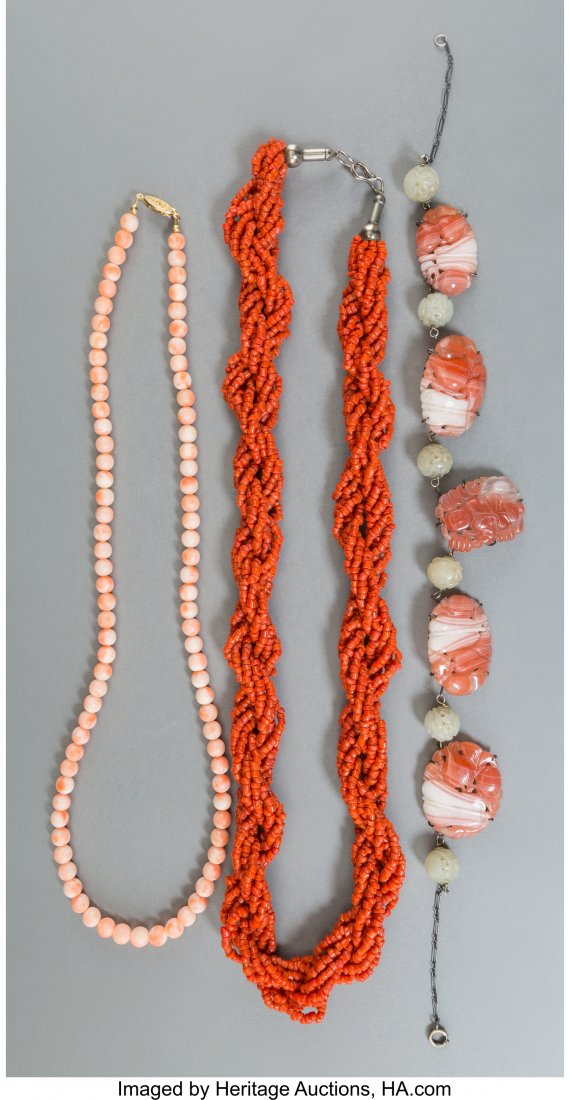 Three Chinese Coral, Jade, and Carnelian Agate N: Three Chinese Coral, Jade, and Carnelian Agate Necklaces 27 inches long (68.6 cm) (longest,