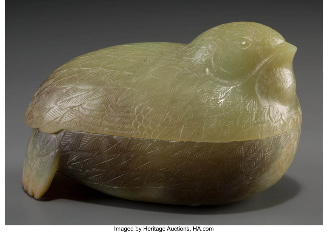 A Chinese Carved Yellow Jade Box in the form of (1 of 2)