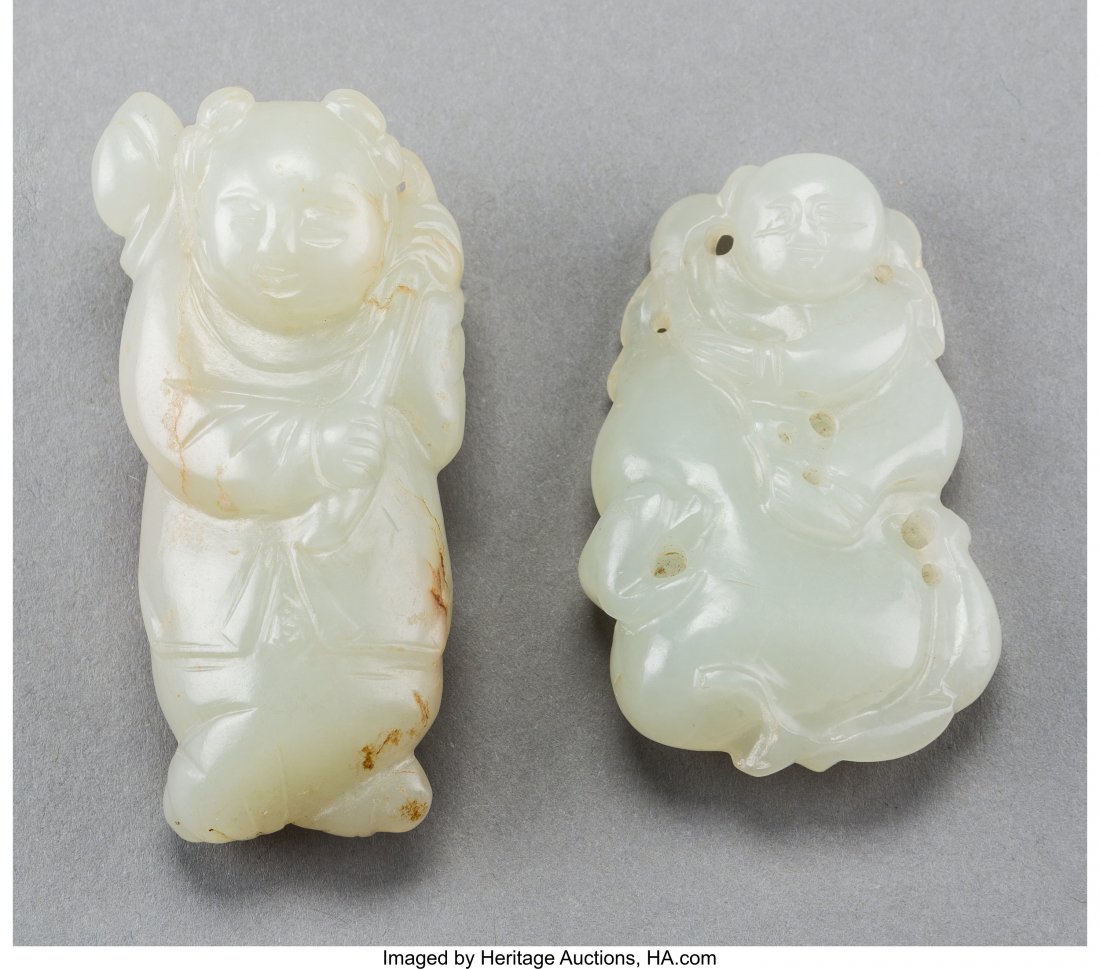 Two Chinese Carved White Jade Boy on Gourd and M (1 of 2)