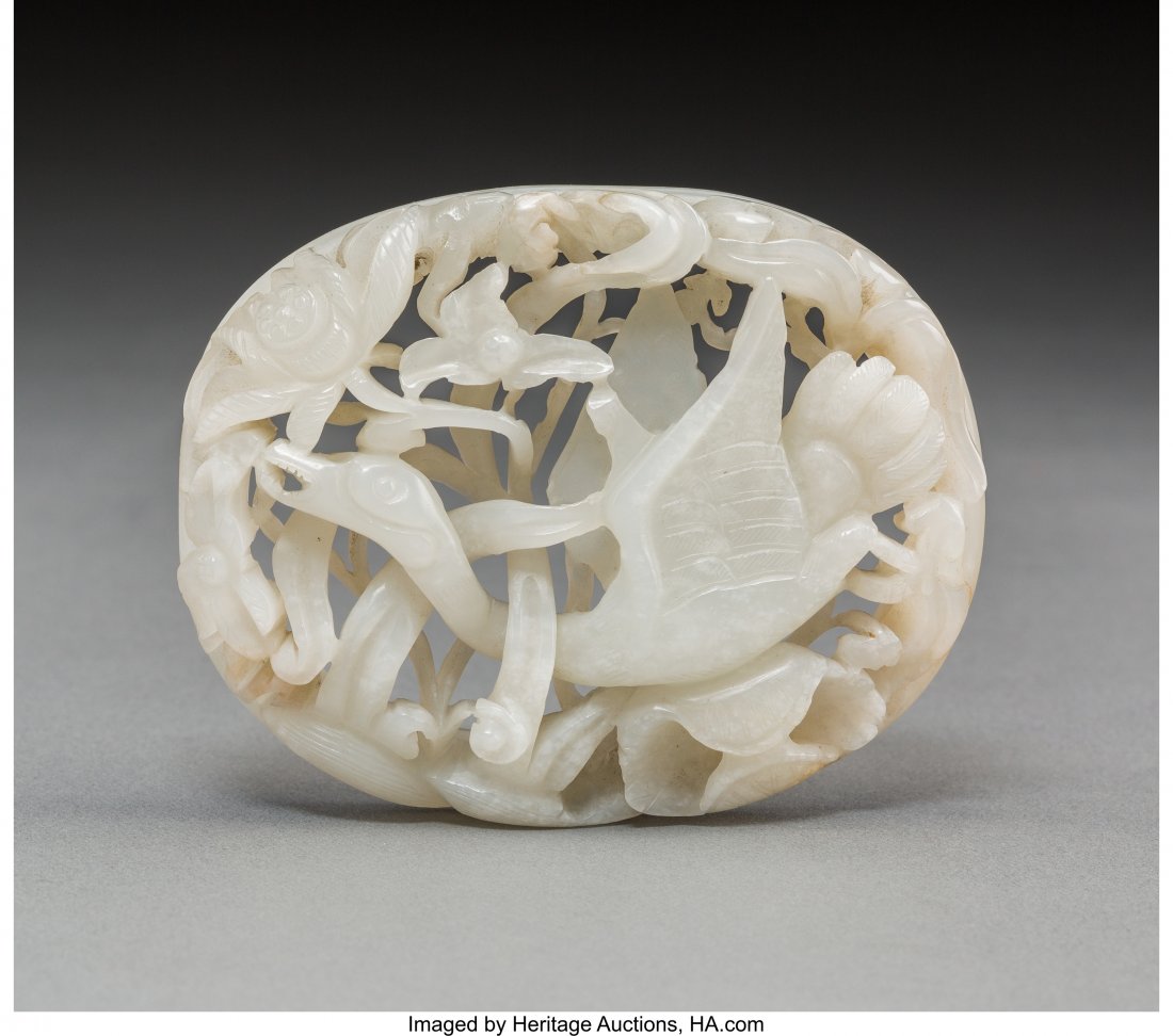 A Chinese Carved White Jade Goose Plaque, Yuan-M (1 of 3)