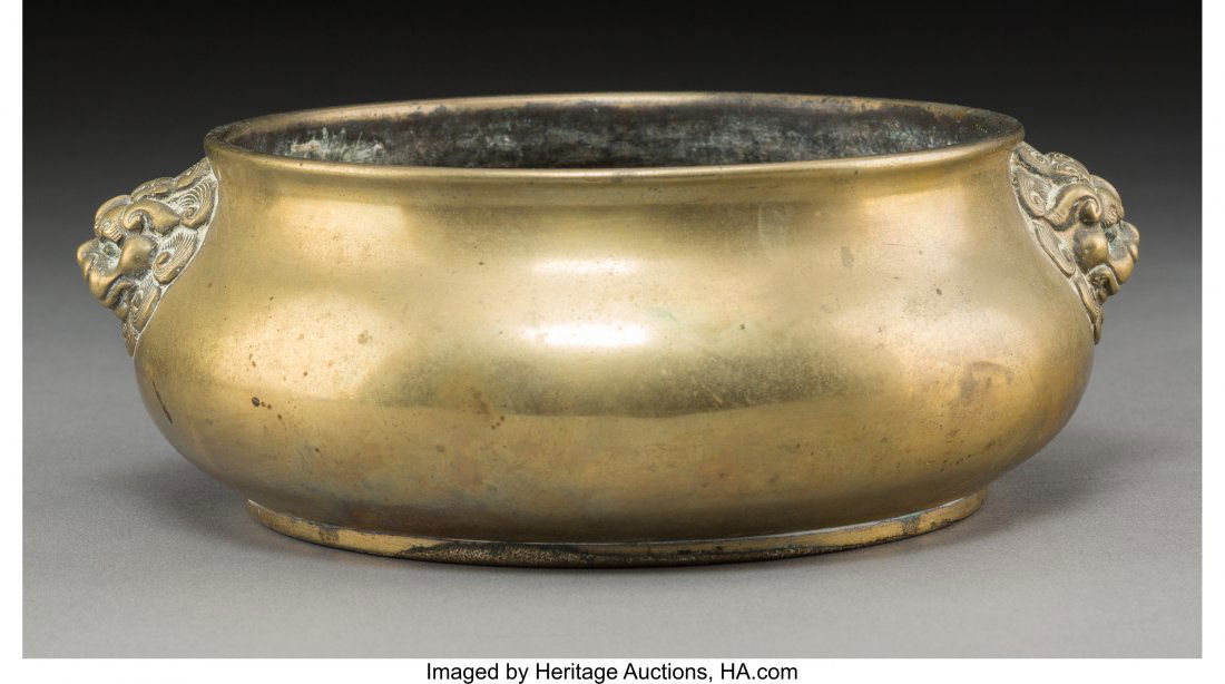 A Chinese Bronze Censer with Beast Mask Handles, (1 of 3)