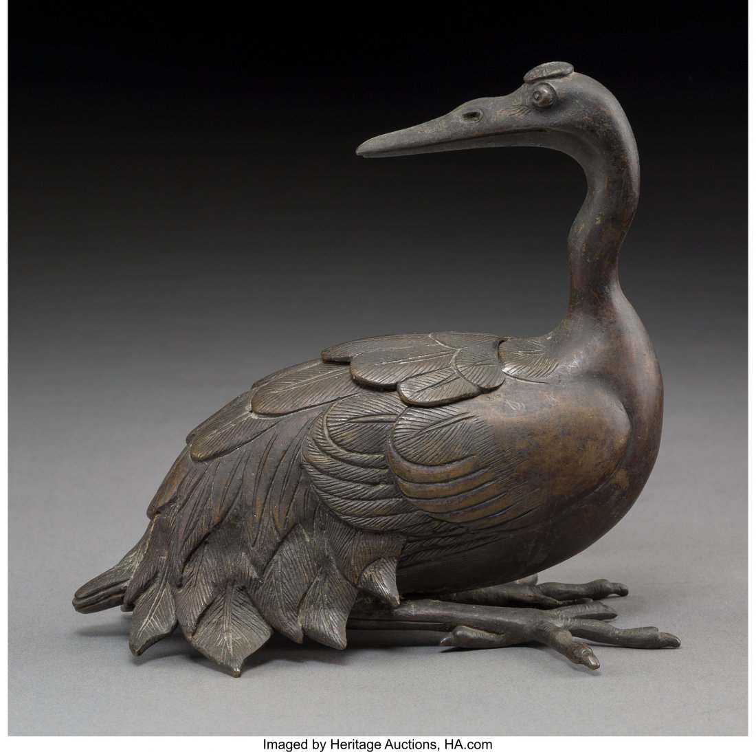 A Chinese Crane-Form Bronze Censer 5-3/4 h x 6-1 (1 of 2)