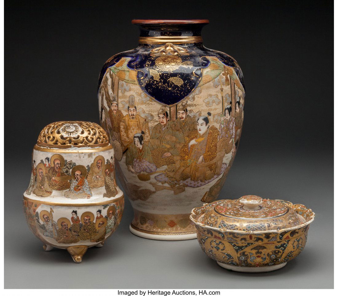 A Three-Piece Group of Japanese Satsuma Pottery, (1 of 2)