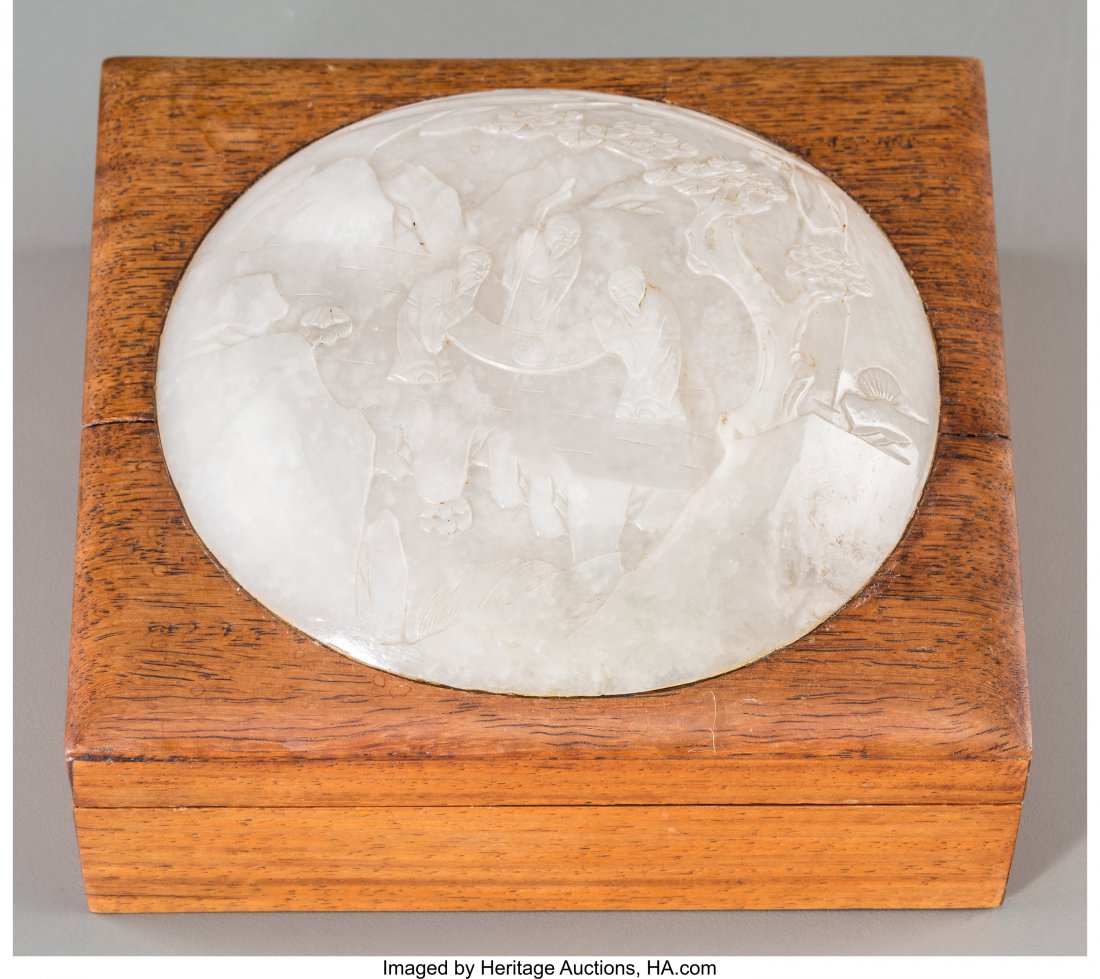 A Chinese Carved Hardwood Box Inset with White J (1 of 3)