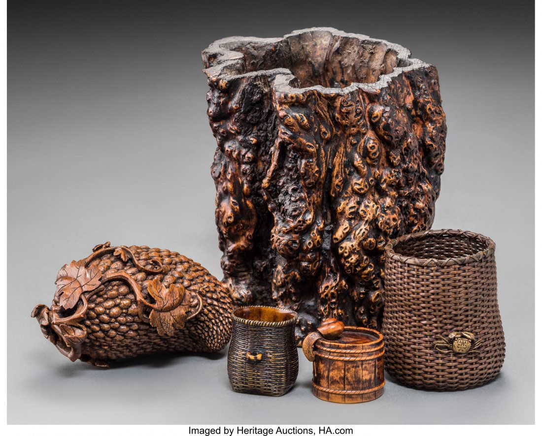 Five Japanese Carved Wood and Bronze Smalls 5-1/ (1 of 2)