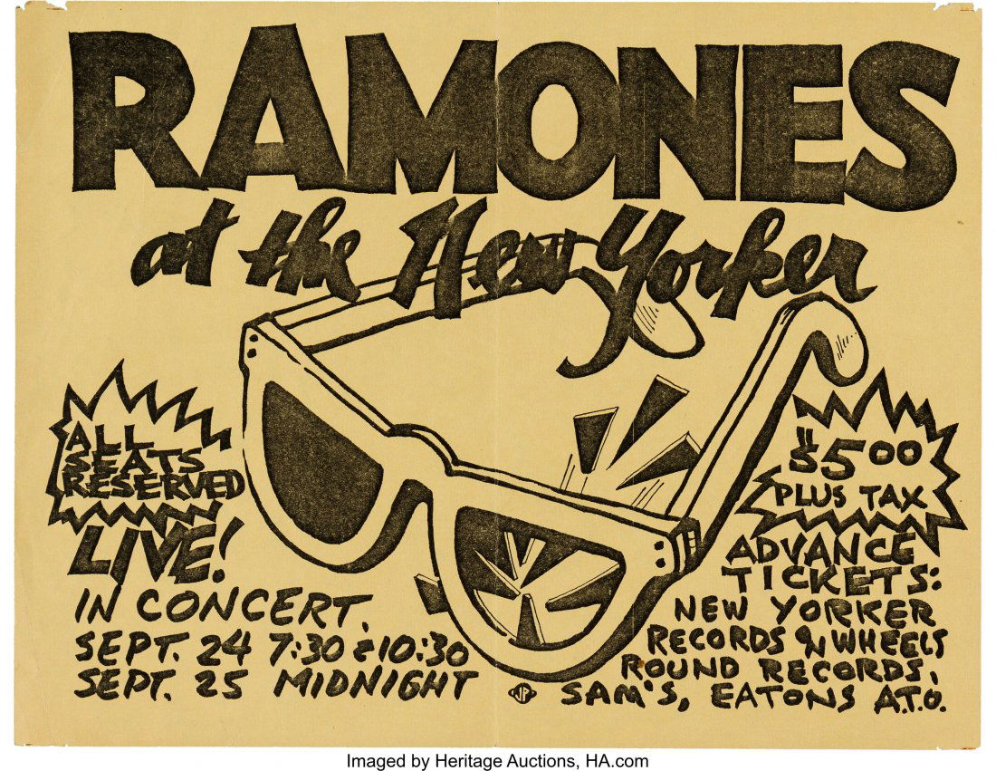 Ramones New Yorker Concert Handbill (1976). Des: Ramones New Yorker Concert Handbill (1976). Design by John Pearson, printed on crea