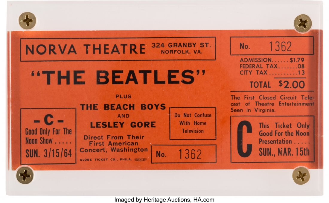 Beatles and Beach Boys Closed Circuit TV Concert: Beatles and Beach Boys Closed Circuit TV Concert Film Ticket. An unused ticket for the Ma
