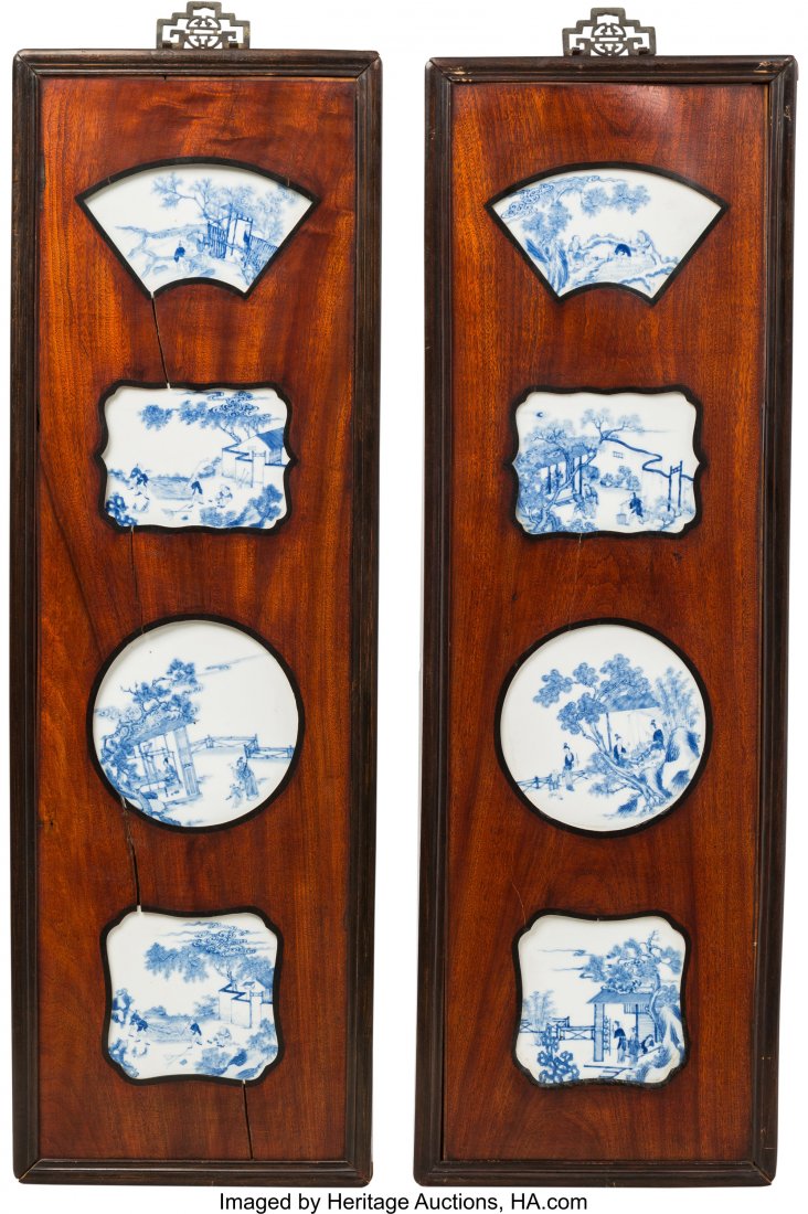 Eight Chinese Blue and White Porcelain Plaques M: Eight Chinese Blue and White Porcelain Plaques Mounted in Two Hardwood Panels, porcelain Qing