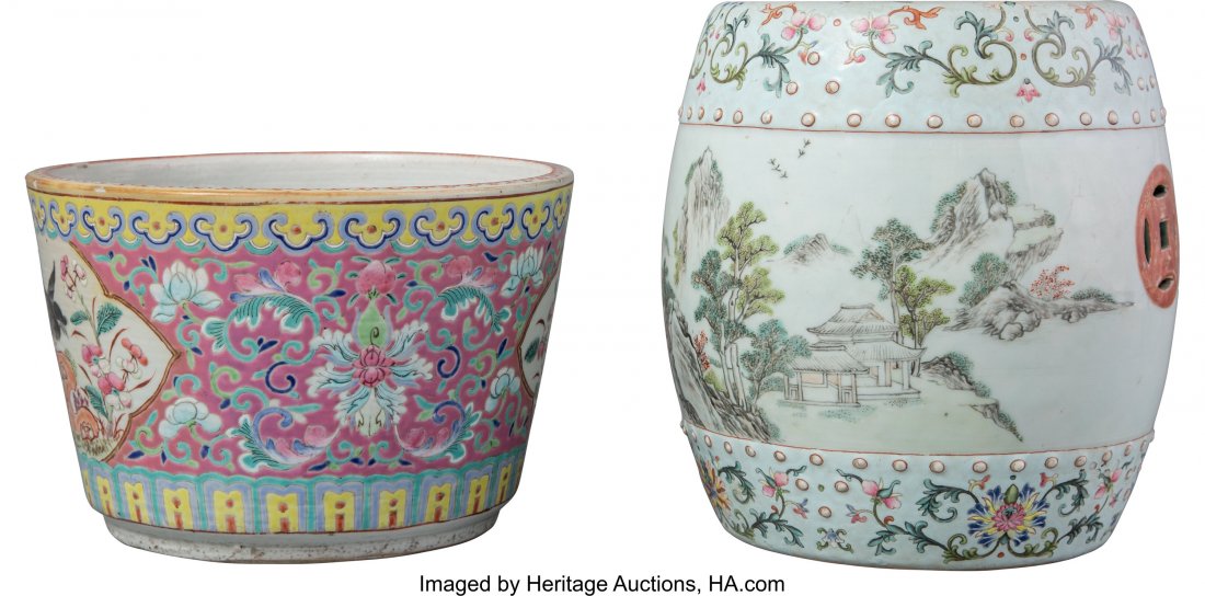 A Chinese Enameled Porcelain Garden Stool and Pl: A Chinese Enameled Porcelain Garden Stool and Planter, Qing Dynasty, late 19th-early 20th cent