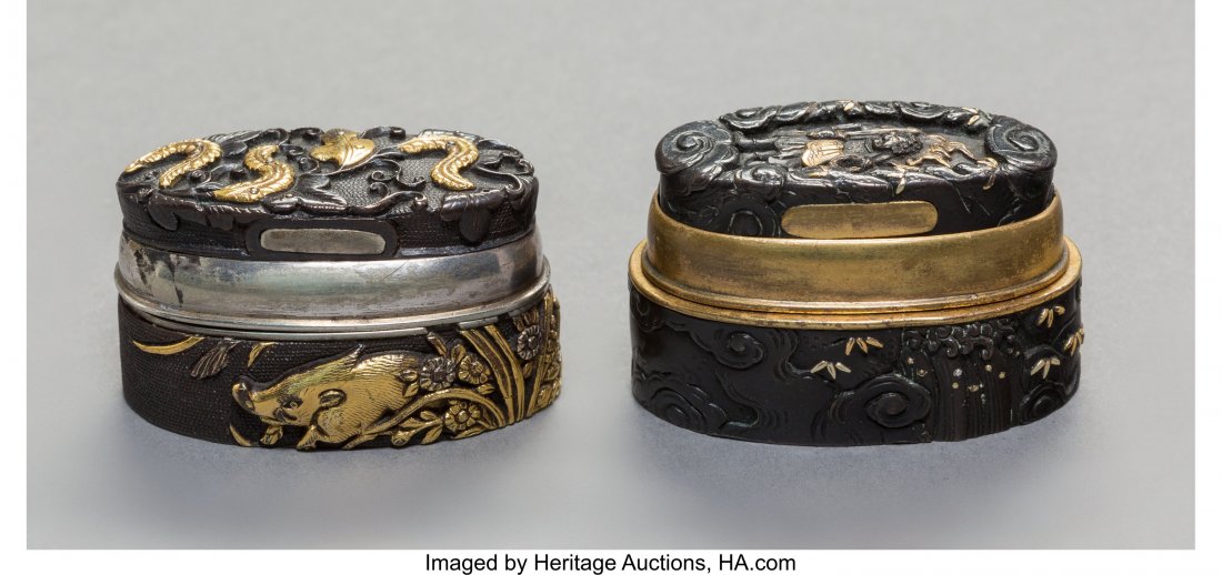 Two Japanese Bronze and Mixed Metals Fuchi Kashi: Two Japanese Bronze and Mixed Metals Fuchi Kashira-Form Pill Boxes, Edo Period and later Ma