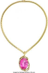 Rubellite Tourmaline, Diamond, Gold Pendant-Neck: Rubellite Tourmaline, Diamond, Gold Pendant-Necklace, Mimi So The enhancer-pendant feature