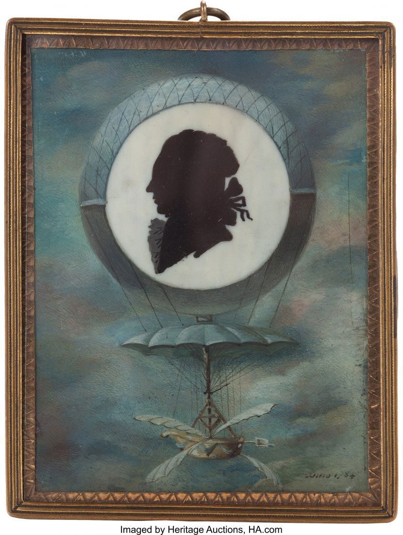 A French Miniature Watercolor Silhouette Depicti: A French Miniature Watercolor Silhouette Depicting Jacques-Ã‰tienne Montgolfier or Jean Pierre Blancha