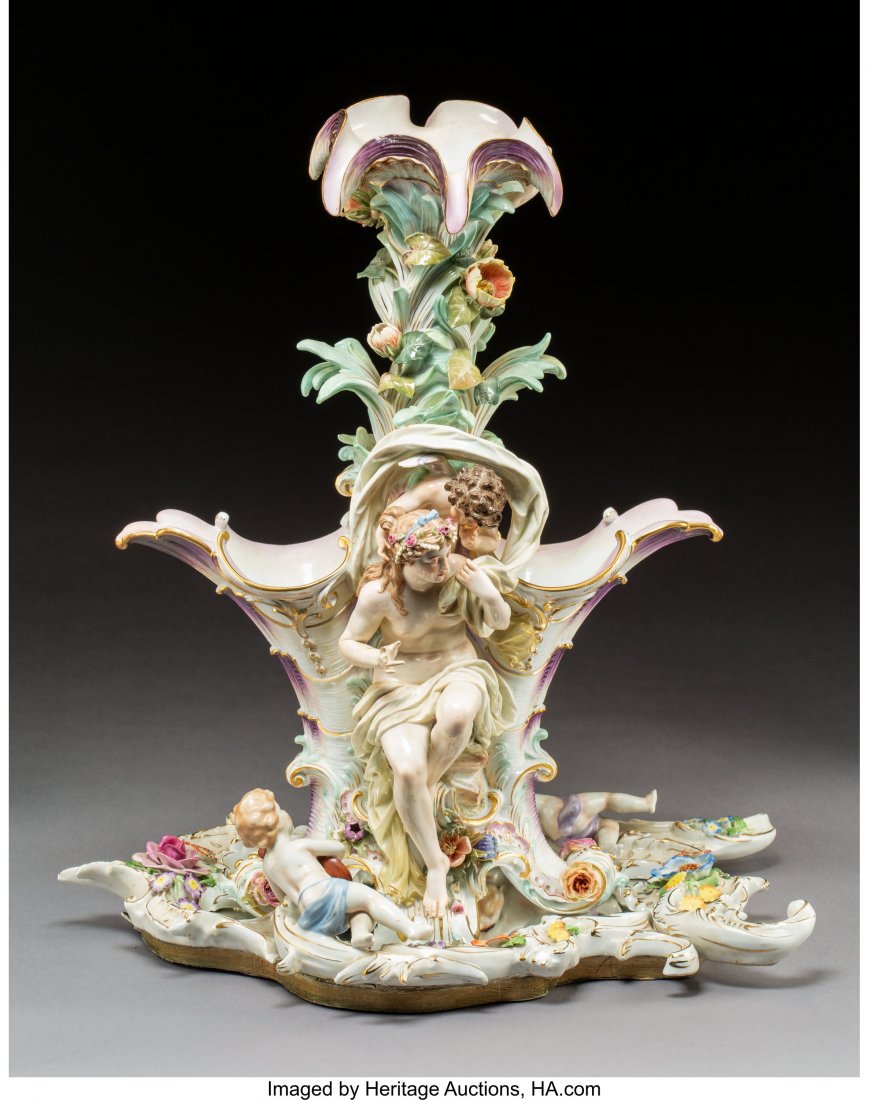 A Meissen Polychromed and Gilt Porcelain Figural: A Meissen Polychromed and Gilt Porcelain Figural Centerpiece, Meissen, Germany, late 19th