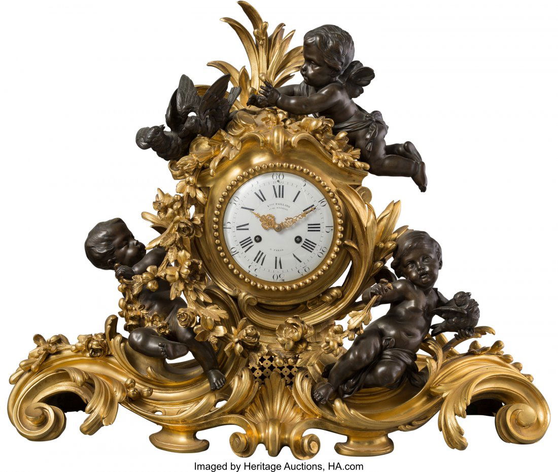 A Large Victor Paillard Louis XV-Style Gilt and: A Large Victor Paillard Louis XV-Style Gilt and Patinated Bronze Figural Mantel Clock, circa 1