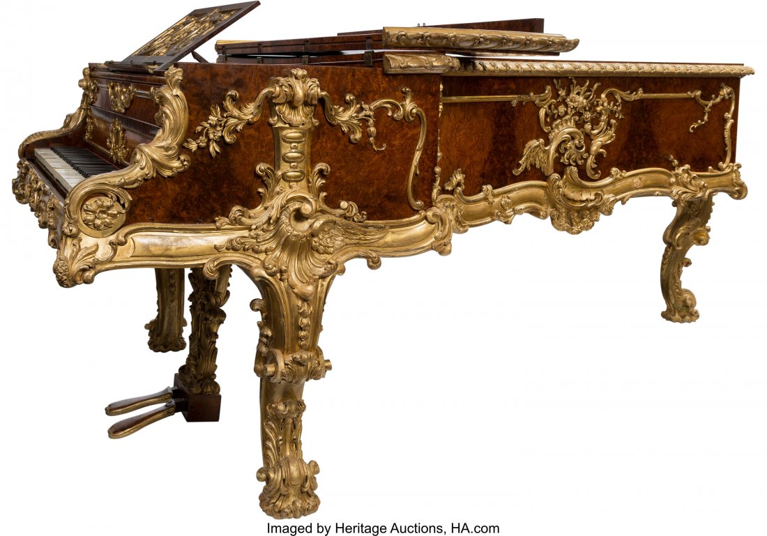 A Rare John Broadwood & Sons Amboyna and Giltwoo: A Rare John Broadwood & Sons Amboyna and Giltwood Grand Piano, circa 1845 Nameplate eng