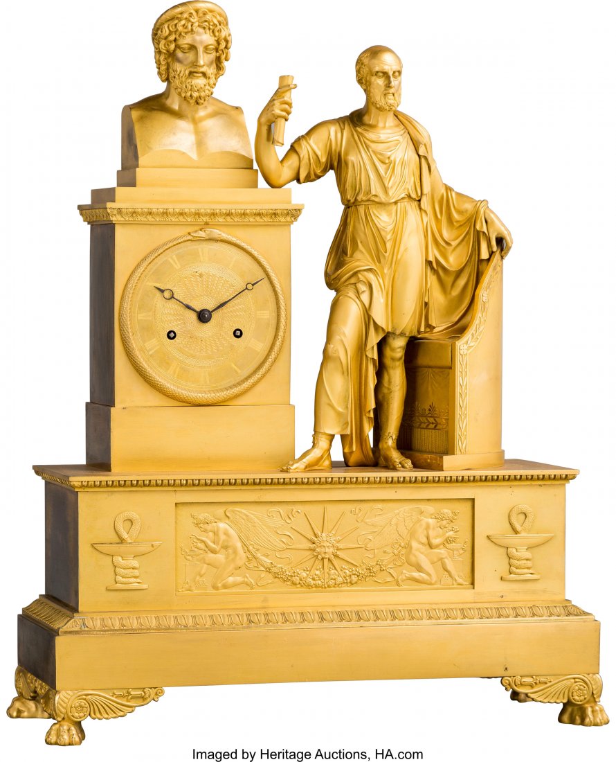 A Fine French Empire Gilt Bronze Classical Mante: A Fine French Empire Gilt Bronze Classical Mantel Clock Depicting Plato and Euripides, probabl