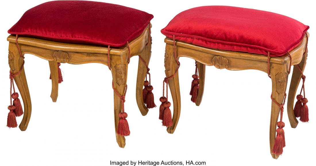 A Pair of Italian Louis XV-Style Caned Benches w: A Pair of Italian Louis XV-Style Caned Benches with Red Velvet CushionsMarks: MADE IN I