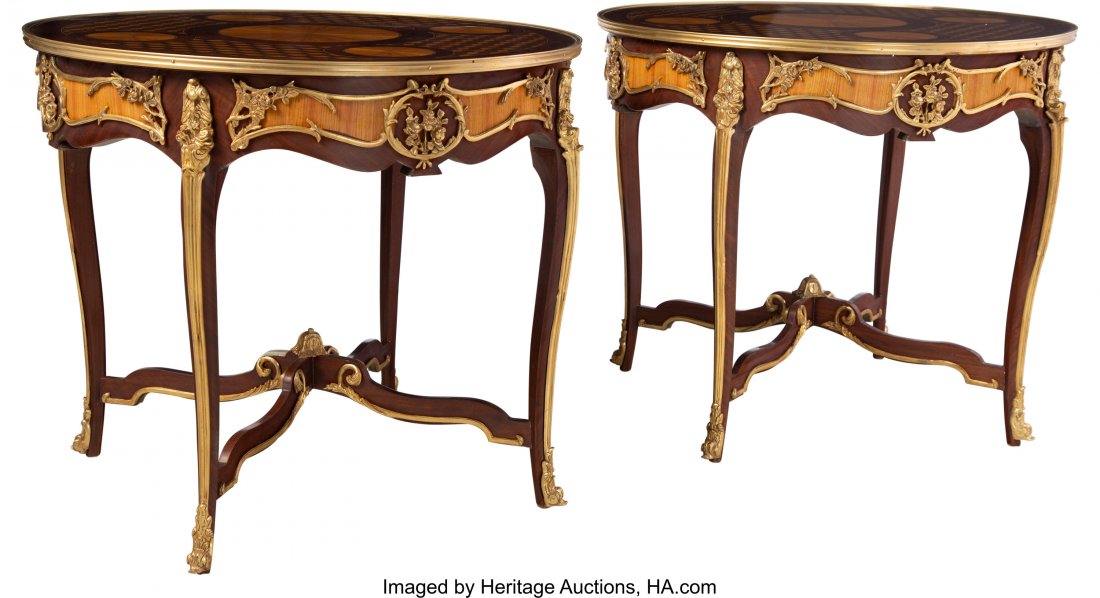 A Pair of French-Inspired Parquetry Inlaid and P: A Pair of French-Inspired Parquetry Inlaid and Polished Bronze Gueridons30-3/4 x 34 inches