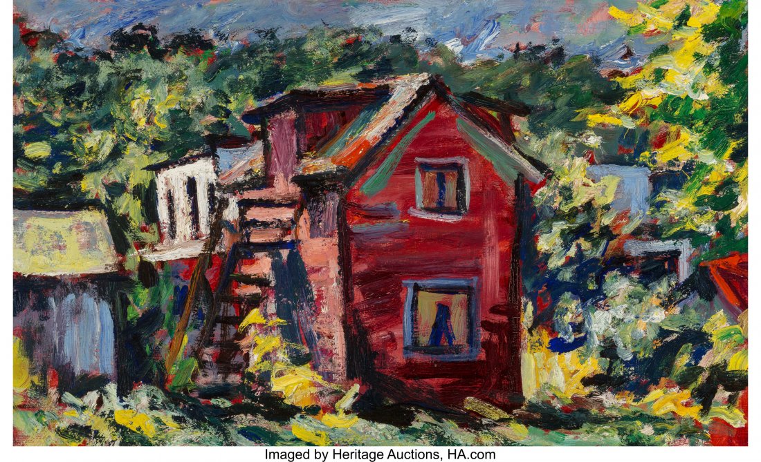 Dan Lutz (American, 1906-1978) The Red House Oil: Dan Lutz (American, 1906-1978) The Red House Oil on Masonite 12 x 20 inche
