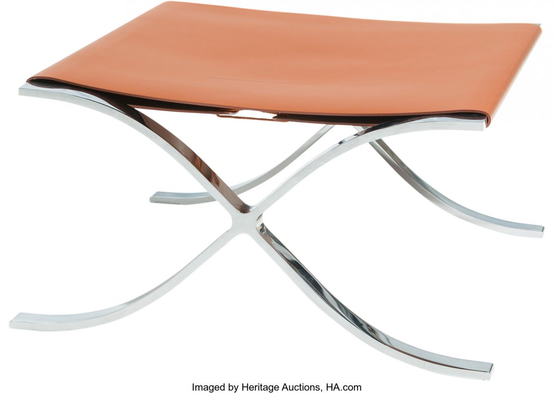 A Ludwig Mies van der Rohe for Knoll Chrome and : A Ludwig Mies van der Rohe for Knoll Chrome and Cowhide Sling Barcelona Stool, designed 1930