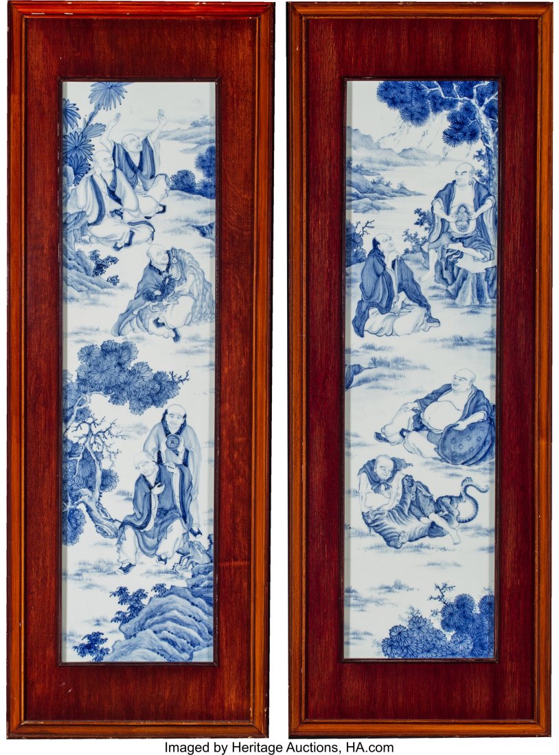 A Pair of Wood Framed Chinoiserie Porcelain Tile: A Pair of Wood Framed Chinoiserie Porcelain Tiles 40-3/8 x 14-3/8 x 1-3/8 inches (102.6 x 3