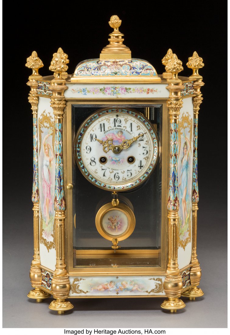 A Janetti Padre e Figli Gilt Bronze, Porcelain, : A Janetti Padre e Figli Gilt Bronze, Porcelain, and ChamplevÃ© Enamel Table Clock, Turin, Flor
