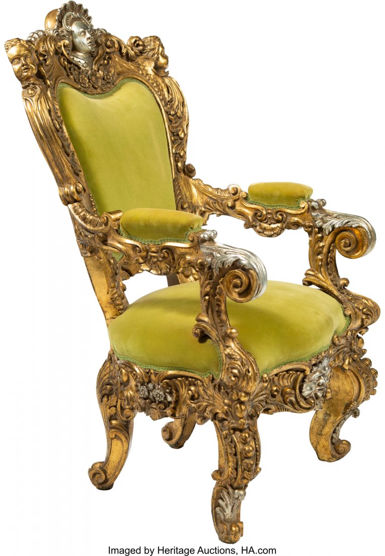 A Large French Baroque-Style Carved, Gilt, and S: A Large French Baroque-Style Carved, Gilt, and Silvered Wood Figural Throne Chair, late 19th c