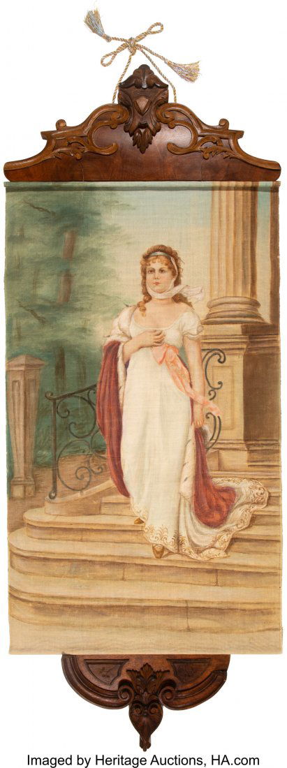 A Continental Painted Textile Screen with Walnut: A Continental Painted Textile Screen with Walnut Hanger78 x 32 x 2-1/2 inches (198.1 x 81.