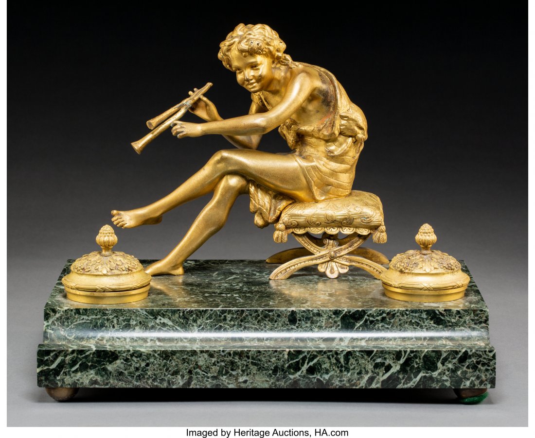 An Empire-Style Gilt Bronze and Marble Encrier, : An Empire-Style Gilt Bronze and Marble Encrier, France, late 19th century 10 x 12-1/2 x 9-1