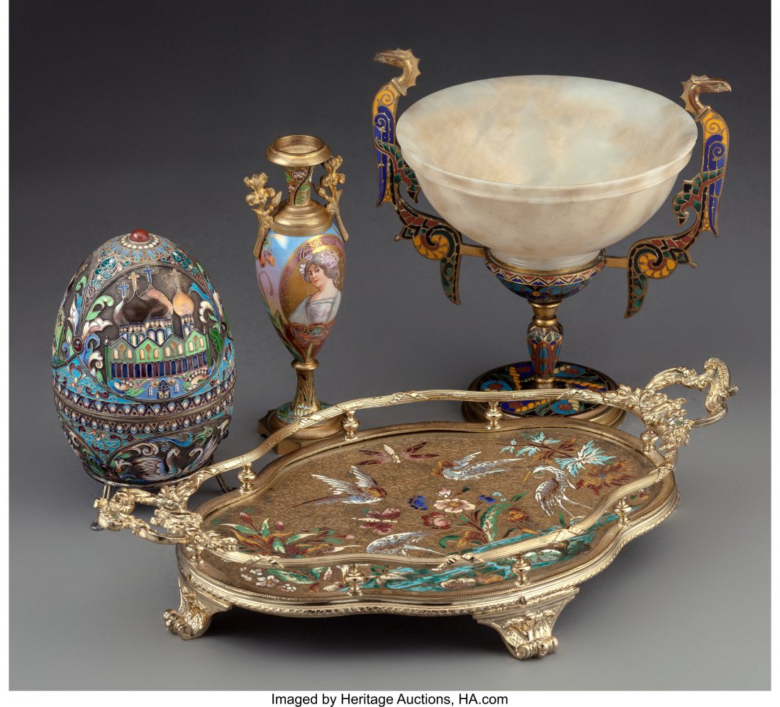 Four Various ChamplevÃ© and CloisonnÃ© Enamel Ta: Four Various ChamplevÃ© and CloisonnÃ© Enamel Tablewares, early 20th century and later Mark