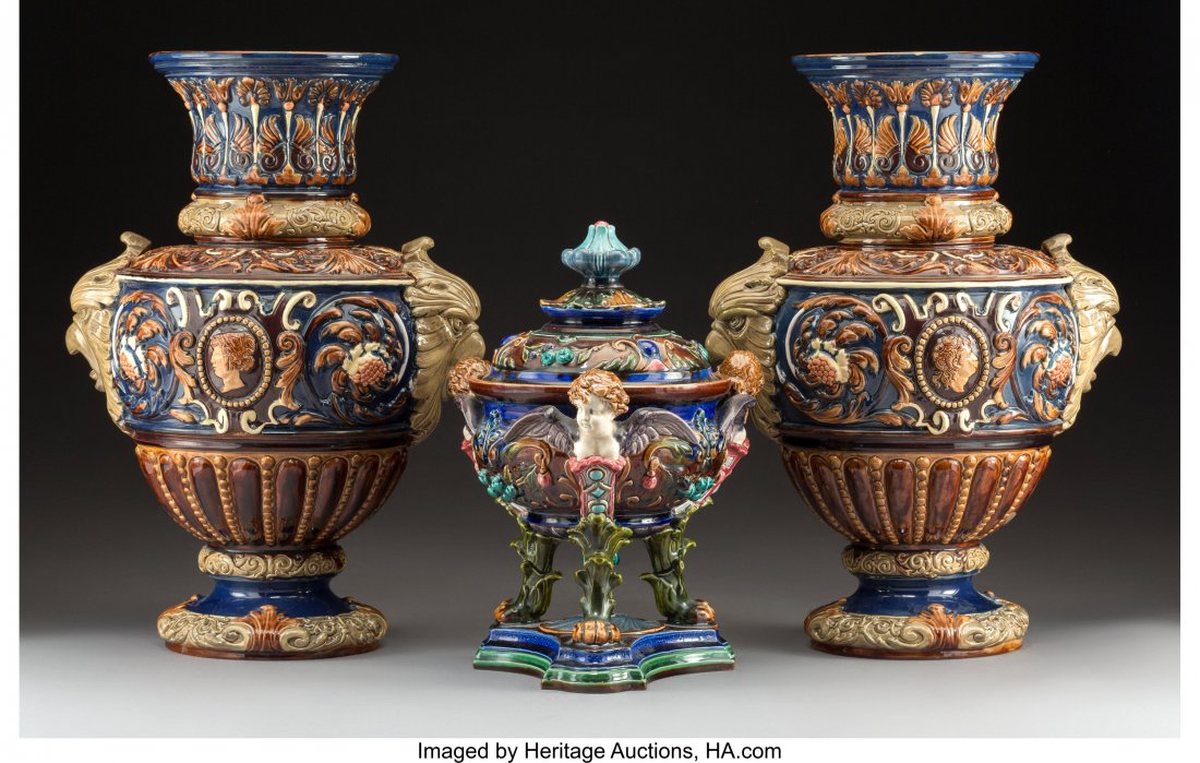 A Three-Piece Group of Continental Renaissance R: A Three-Piece Group of Continental Renaissance Revival-Style Majolica, late 19th century