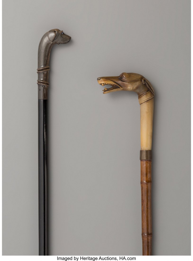 Two Figural Dog Walking Sticks Maker unknown 38-: Two Figural Dog Walking Sticks Maker unknown 38-3/8 inches (97.5 cm) Both sticks