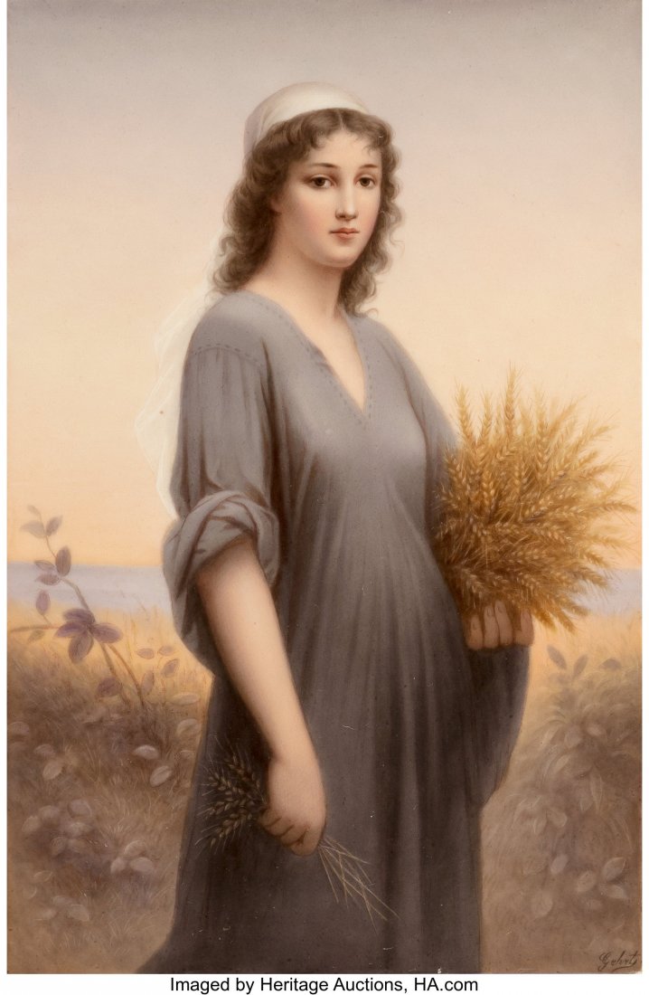 A KPM Giltwood Framed Painted Porcelain Plaque w: A KPM Giltwood Framed Painted Porcelain Plaque with Depiction of Ruth After Charles Landelle (French,