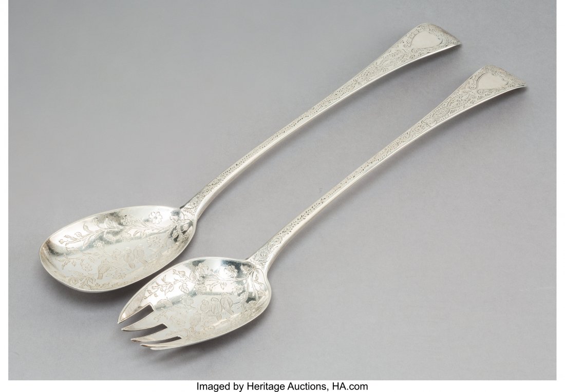 A Pair of Sarah & John William Blake George III: A Pair of Sarah & John William Blake George III Silver Salad Servers in Case, London, 1816
