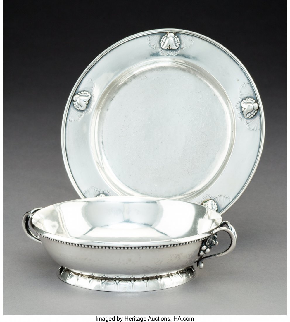 Two Georg Jensen Silver Table Items, Copenhagen,: Two Georg Jensen Silver Table Items, Copenhagen, Denmark, 1925-1932Marks to wine coaster: